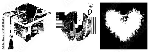 Abstract halftone art featuring graduation cap, vinyl record, and heart shapes, glitched textures, graphic design elements, vector illustration.