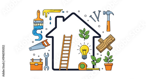 Essential home improvement tools and innovative concepts for building, repair, and sustainable living, creatively arranged within a house silhouette