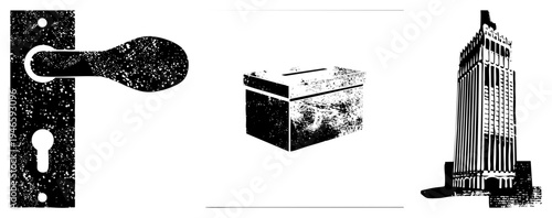 Stylized door handle, ballot box, and skyscraper rendered in halftone, vector graphic, isolated shapes, urban architecture, design, black and white illustration.