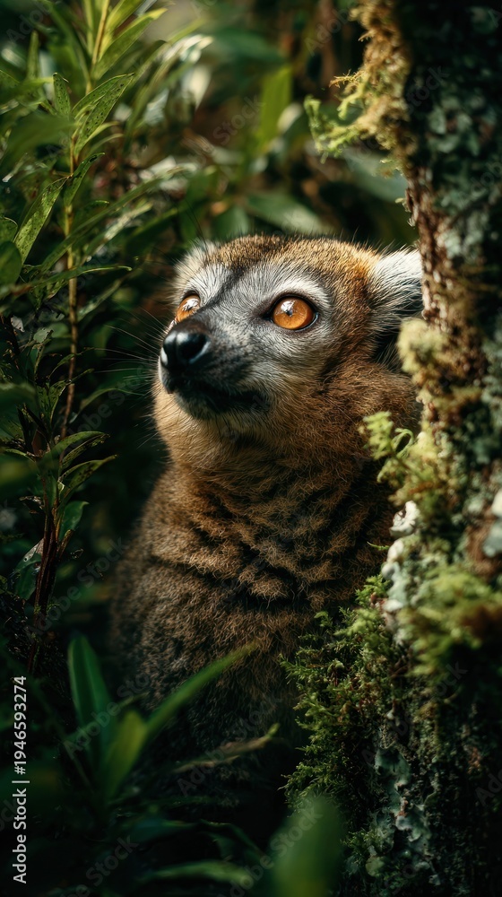 Fototapeta premium Curious lemur amidst lush foliage.