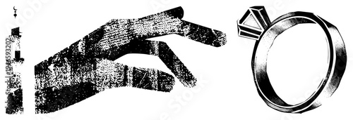 Hand gesturing toward diamond ring, Islamic architecture silhouette, halftone vector art, symbolic gesture, wedding proposal, cultural, graphic.