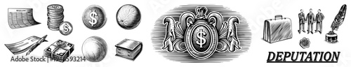 Ornate dollar sign symbolizing official delegation, legal documents, cash bundles, fountain pen, briefcase, and formal attire for representation.