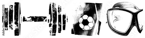 Set of fitness, sport, and diving gear rendered in halftone dot, vector art, isolated graphic elements for design use.