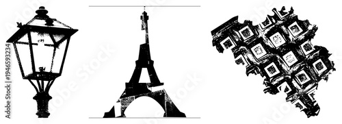 Vintage lamppost silhouette, landmark, ornate architectural, black and white vector art, urban heritage.