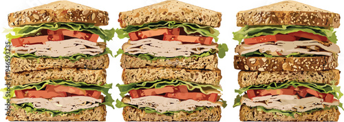 Triple stacked turkey sandwich illustration, whole grain bread, lettuce tomato layers, healthy deli lunch, gourmet sandwich vector isolated food graphic