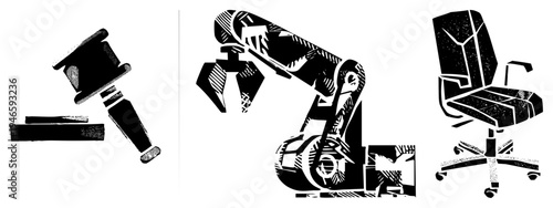 Hammer, robotic arm, office chair stylized black vector, halftone textures, flat design, tech and workspace symbols.