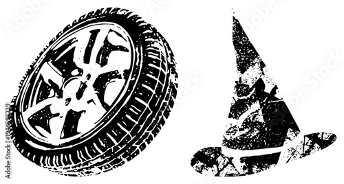 Distressed black and white vector of car wheel and witch hat, stylized with grunge texture, graphic design elements, Halloween or automotive theme.