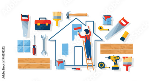 Comprehensive home renovation and repair toolkit with a painter working on a new house