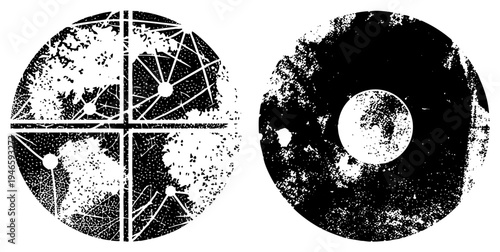 Vector halftone circle designs with fractured grids and speckled textures, art, graphic, digital illustration, abstract composition.