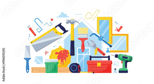 A vibrant and comprehensive collection of essential home improvement tools for construction, renovation, and DIY projects, showcasing readiness for