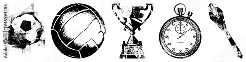 Classic athletic symbols rendered in halftone style, including soccer ball, volleyball, trophy, stopwatch, and hockey stick. Retro sports equipment with distressed texture.