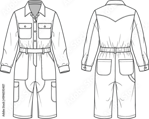 Utility jumpsuit flat sketch, women’s fashion technical drawing, front and back view, button closure, flap pockets, long sleeves, garment construction illustration