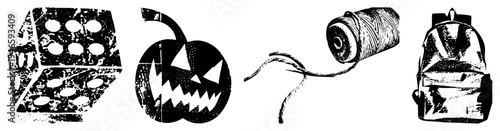 Halloween themed die with pips, carved pumpkin, spool of thread, backpack, vector illustration, spooky, isolated elements, flat design.
