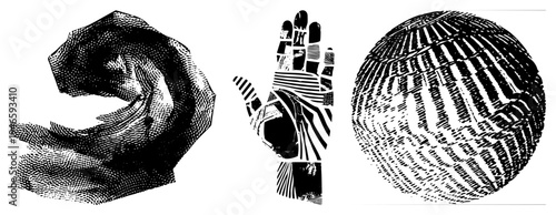 Stylized halftone art featuring abstract curve, human hand, and sphere all rendered in black and white dot, ideal for graphic design, print, and digital art projects.