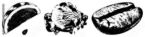 Vector halftone graphic of citrus wedge, chocolate chip ice cream scoop, coffee bean isolated food with textured shading, ideal for menu or branding.