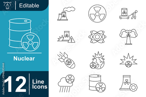 Nuclear icon set. Nuclear energy plant, radioactive material, atomic science research, radiation hazard, nuclear technology system, atomic power concept and more. Line vector icons collection.