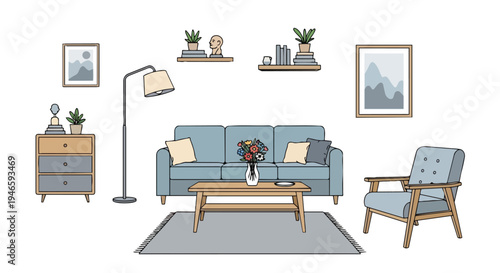 A harmonious modern living room illustration with comfortable blue furniture, plants, and decorative elements.