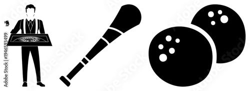 Casino dealer managing roulette, hockey stick for sports, bowling balls for recreation, vector set, isolated graphics, flat design.