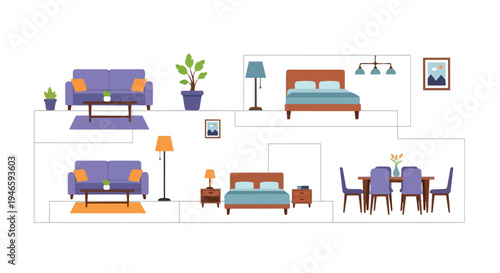 Modern home interior furniture collection with various room setups for design illustration and apartment planning. Essential pieces for living,