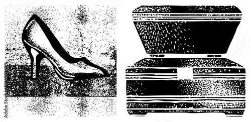 Elegant high heeled shoe and vintage suitcase rendered in halftone, graphic design, travel, fashion illustration, minimalist vector art.