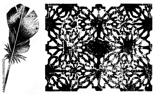 Classic quill pen with dot shaded texture, elegant feather illustration, intricate lacework, vintage graphic, black and white vector art.