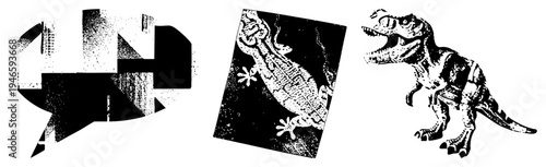 Retro halftone style vector featuring T, gecko, and speech bubble. Black and white graphic design elements with grainy texture and geometric shapes. Ideal for UI, print, or use.
