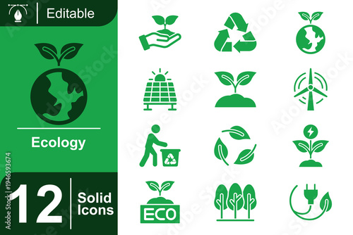 Ecology icon set. Environmental sustainability, renewable energy system, recycling process, eco friendly technology, green environment protection and more. Solid vector icons collection.