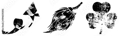 Witch’s broomstick, four leaf clover, coiled serpent all rendered in distressed black and white vector art, grungy texture, symbolic occult and luck motifs.
