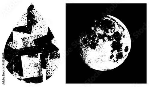 Stylized tear drop shape with fragmented geometric forms and speckled texture, paired with high contrast lunar surface. Vector art, halftone effect,, isolated foreground.