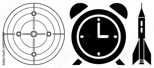 Target aiming reticle, classic alarm clock, ship bold black vector, isolated foreground, flat design, symbolic graphics for time, precision, launch.