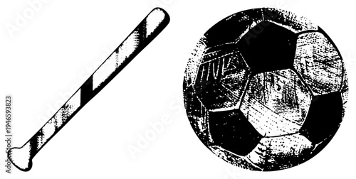 Classic baseball bat with stripes and textured soccer ball with hexagonal panels, both rendered in halftone style, sports equipment, athletic gear.