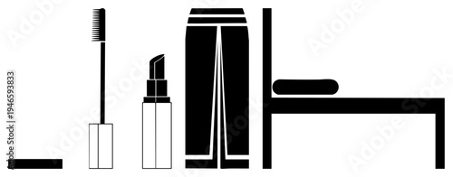 Flat vector representing, lipstick, trousers, and bed clean, aesthetic essentials for beauty, fashion, and sleep.