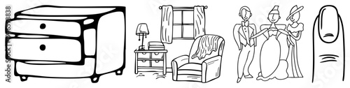 Retro dresser, cozy armchair with blanket, window with curtains, lamp, formal trio in evening wear, close up fingernail all in minimalist art.
