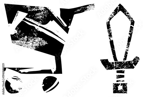 Black and white vector of medieval helmet and sword with grunge texture, warrior gear, weapon, battle symbol, RPG asset, game design element.