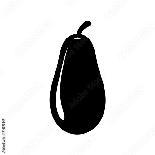 Elegant black and white illustration of a ripe pear with simple stem