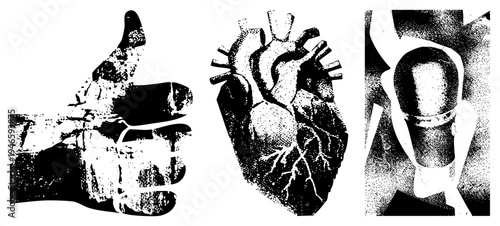 Stylized graphic symbols in halftone dot, isolated for UI, design, or print. Includes approval gesture, anatomical heart, and vintage mic.