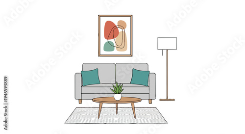 A tranquil minimalist living room sketch showcasing modern furniture, soft hues, and inviting elements for a serene home environment, perfect for