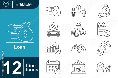 Loan icon set. Money lending, bank financing, mortgage house loan, car credit, interest rate payment, financial agreement, credit score, borrowing process and more. Line vector icons collection.