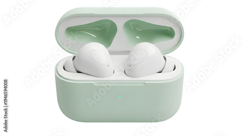 A pair of white earbuds with a green case on a transparent background