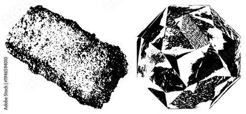 Mineral samples rendered in halftone vector style, rough textured ore and geometric crystal, isolated foreground elements, geological study visuals.