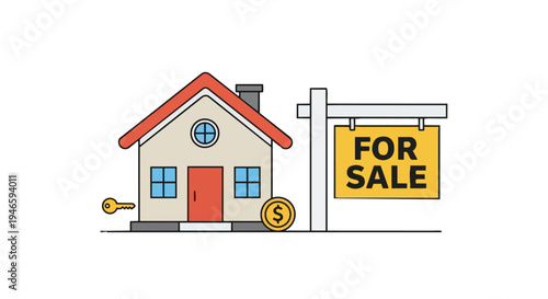 Contemporary illustration of a house with 'For Sale' sign, key, and dollar coin representing property transactions