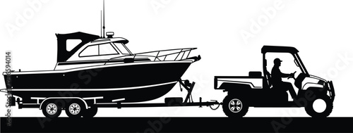 utility vehicle towing motor boat on trailer silhouette marine transport fishing boat hauling isolated black vector illustration