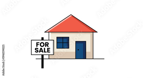 Charming compact dwelling with prominent 'For Sale' sign indicating real estate market availability