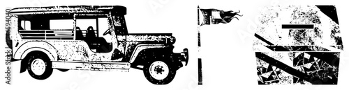 Classic off road vehicle with weathered surface, stylized flagpole, abstract fragmented shapes, halftone grain, vector art, isolated foreground, rugged design.