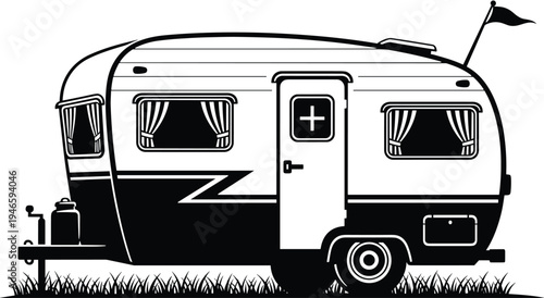 Vintage camping travel trailer, caravan silhouette retro camper van, outdoor adventure roadtrip holiday mobile home campsite tourism vehicle black illustration