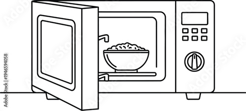 Microwave oven with a bowl of food inside opened door showing contents clearly visible