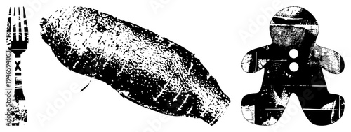 Vintage halftone graphic of fork, potato, and gingerbread man, stylized food, textured design, retro print aesthetic.