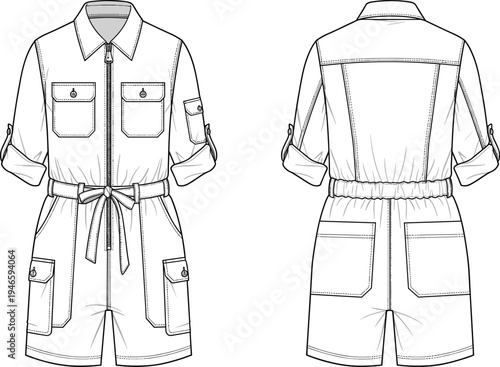 Utility romper flat sketch, women’s fashion technical drawing, front and back view, zipper closure, flap pockets, drawstring waist, garment construction illustration