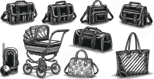 Vintage baby stroller, satchel bags, duffel, tote, handbag, briefcase, bowling set, leaf purse, striped canopy, spoked wheels, accessories illustration