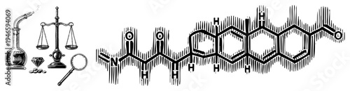 Molecular diagram of ketamine, anesthetic compound, alongside lab tools distillation flask, balance scale, diamond, magnifying glass, scientific research, pharmacology, chemical analysis.